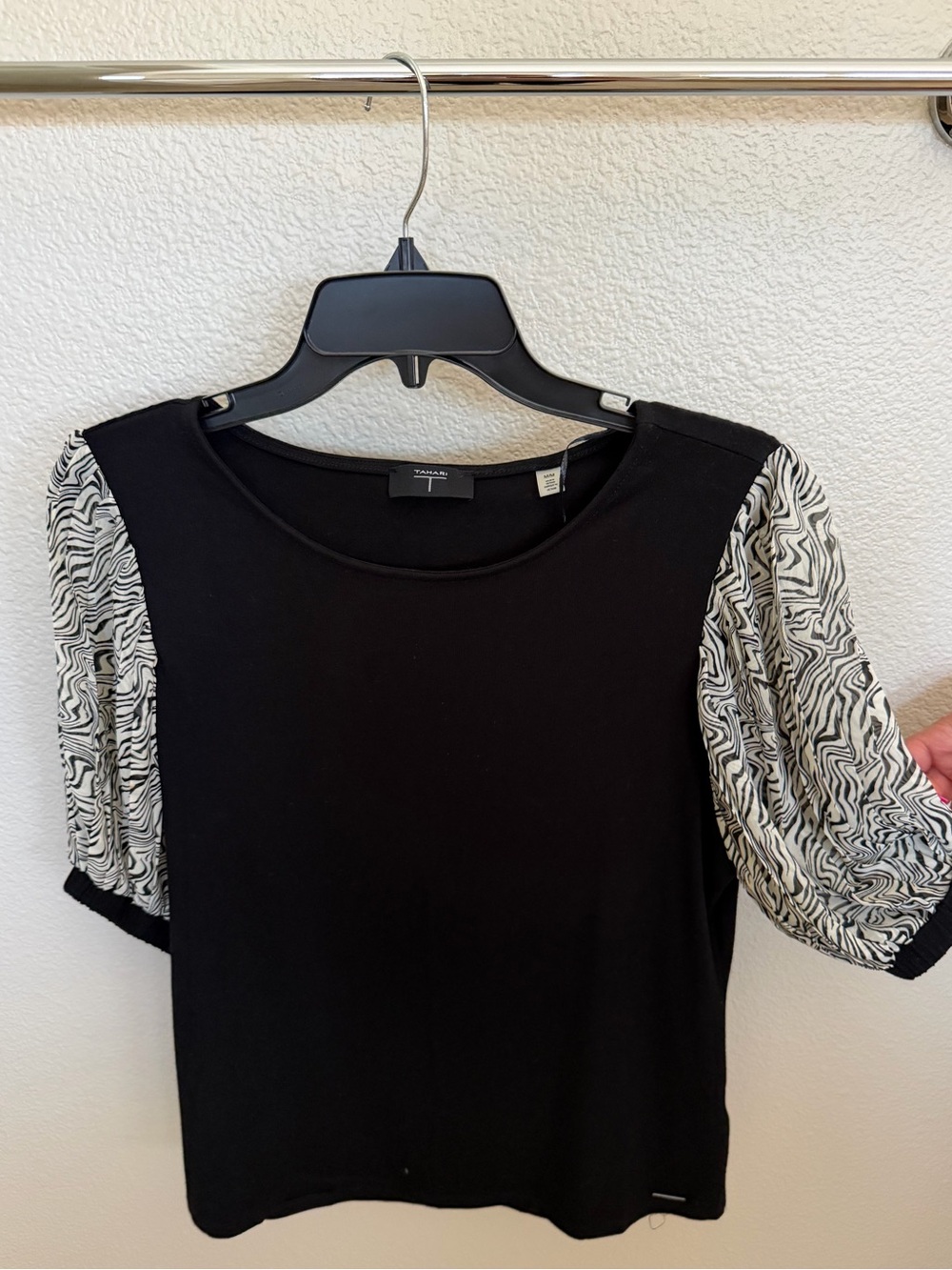 Tahari Black Tee with Patterned Puff Sleeves
